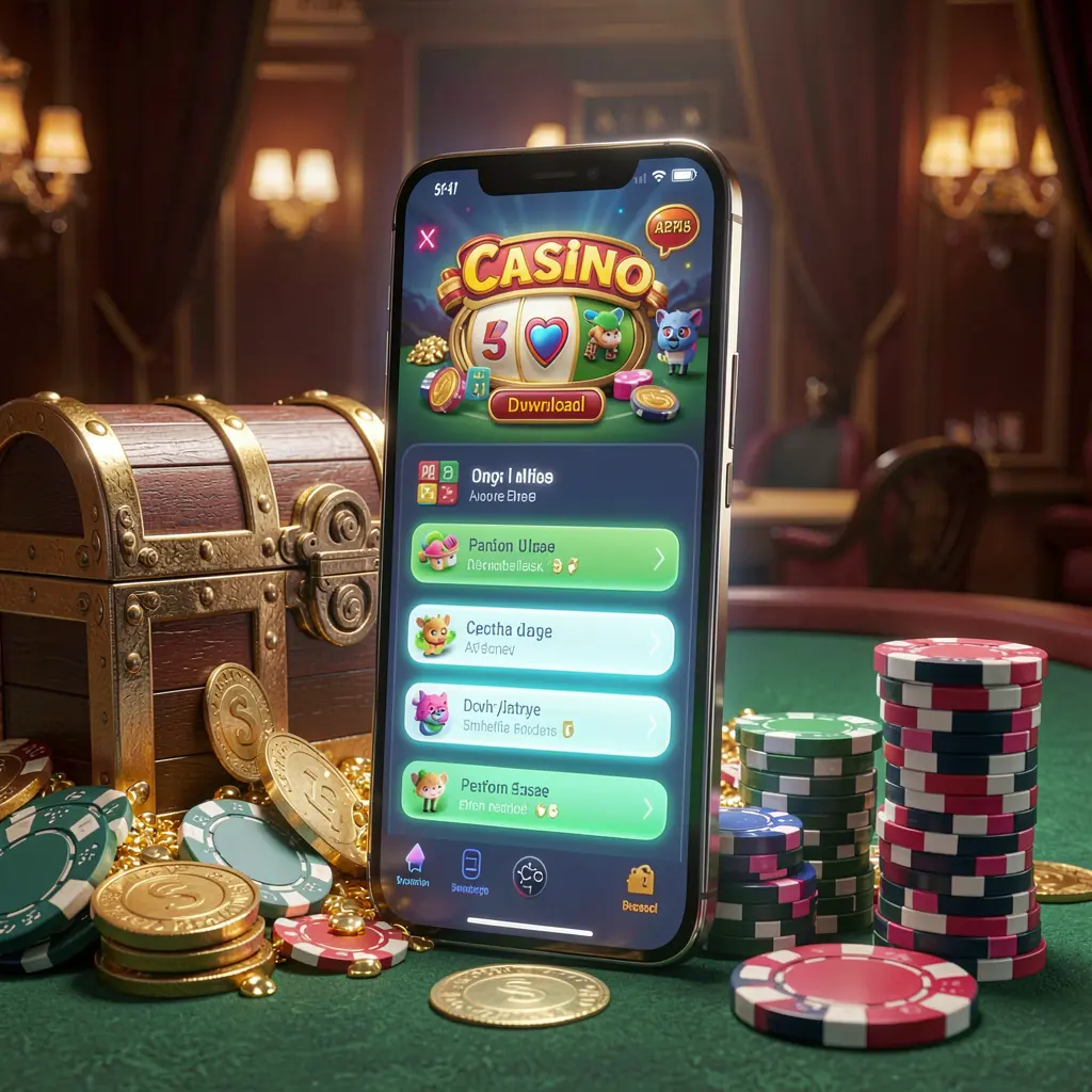 Glowing smartphone displaying 6OBD Casino APK app with Android-style layout, surrounded by treasure chest, chips, and coins in a luxury 3D render