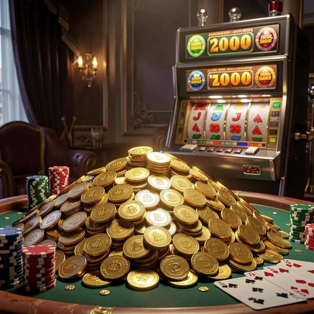 6OBD online casino jackpot bonus scene with a massive pile of golden coins, a slot machine in the background, glowing jackpot lights, poker chips, and playing cards on a luxury table under dramatic cinematic lighting