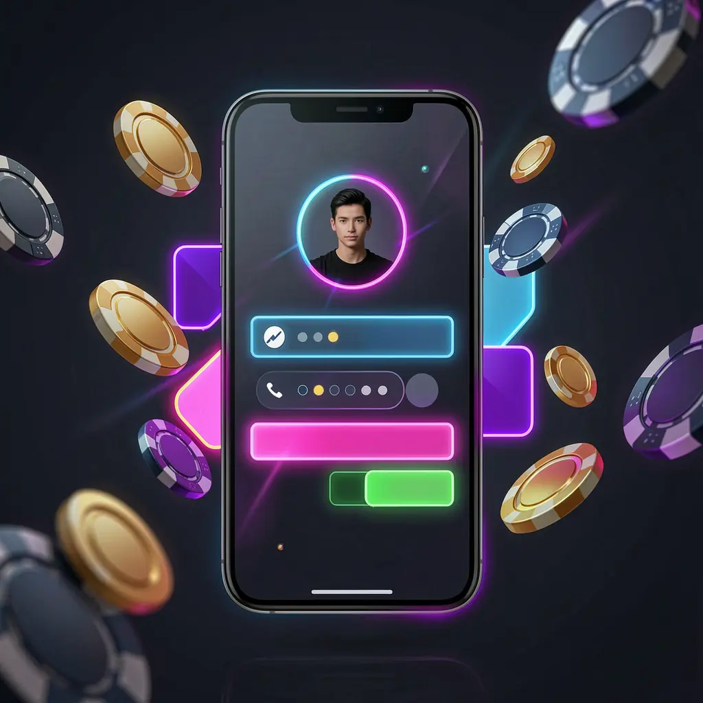 6OBD mobile casino login screen with phone showing abstract user profile and password fields, neon glow, flying chips and coins in a dark premium casino atmosphere