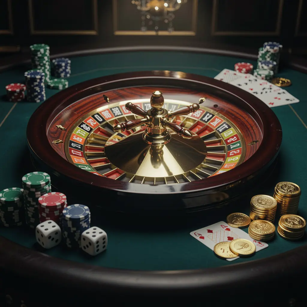 Premium casino homepage scene featuring a roulette wheel spinning on a glossy table with poker chips, dice, cards, and golden coins, set against an elegant dark background with cinematic lighting, showcasing 6OBD's responsible gaming environment